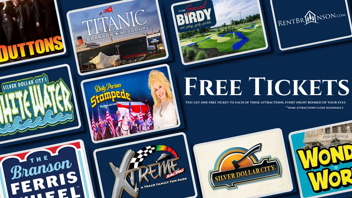An interior shot focused on a collection of attraction tickets, colorful logos, and highlighted text, evoking the excitement of nearby Branson attractions. The scene suggests planning outings, sharing experiences, and exploring local entertainment with family and friends.